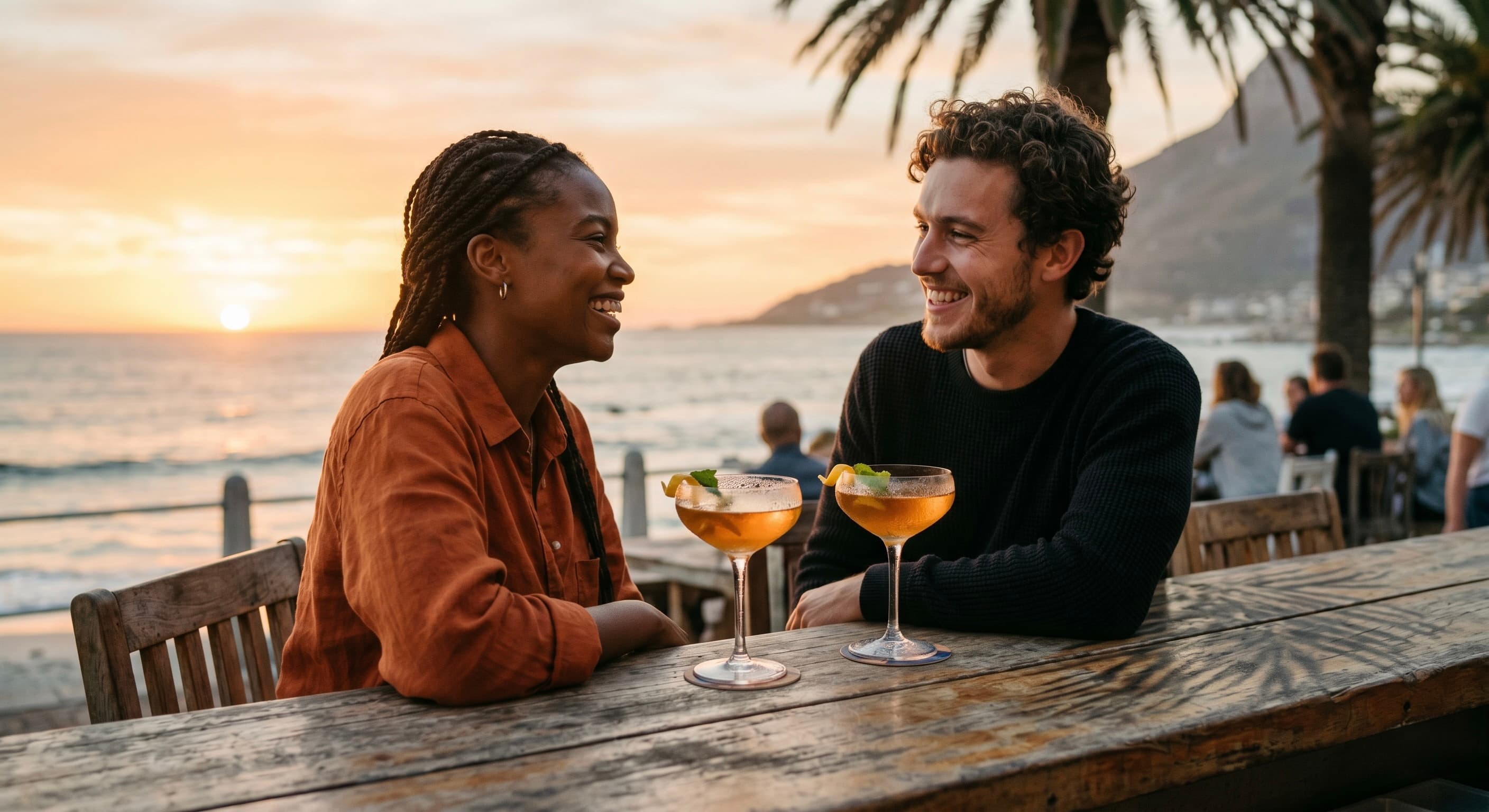 Two people share a quiet candlelit moment at a low-lit bar table, drinks in hand.