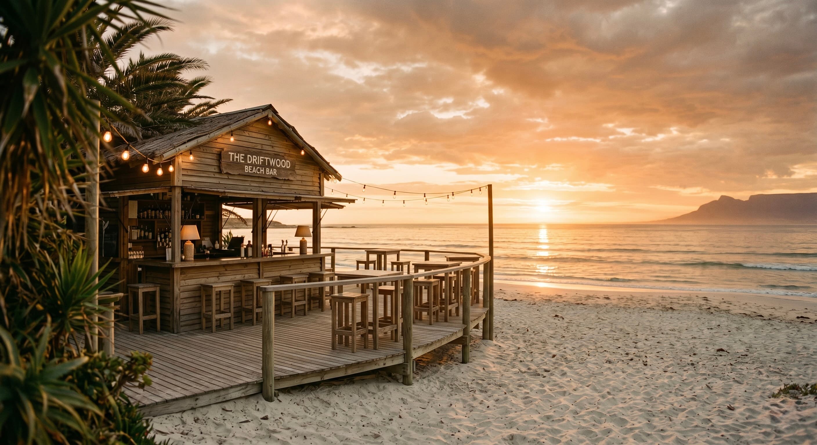 Wide pull-back of a wooden beach bar at sunset, fairy lights strung above the deck, the sea catching the last of the amber light.