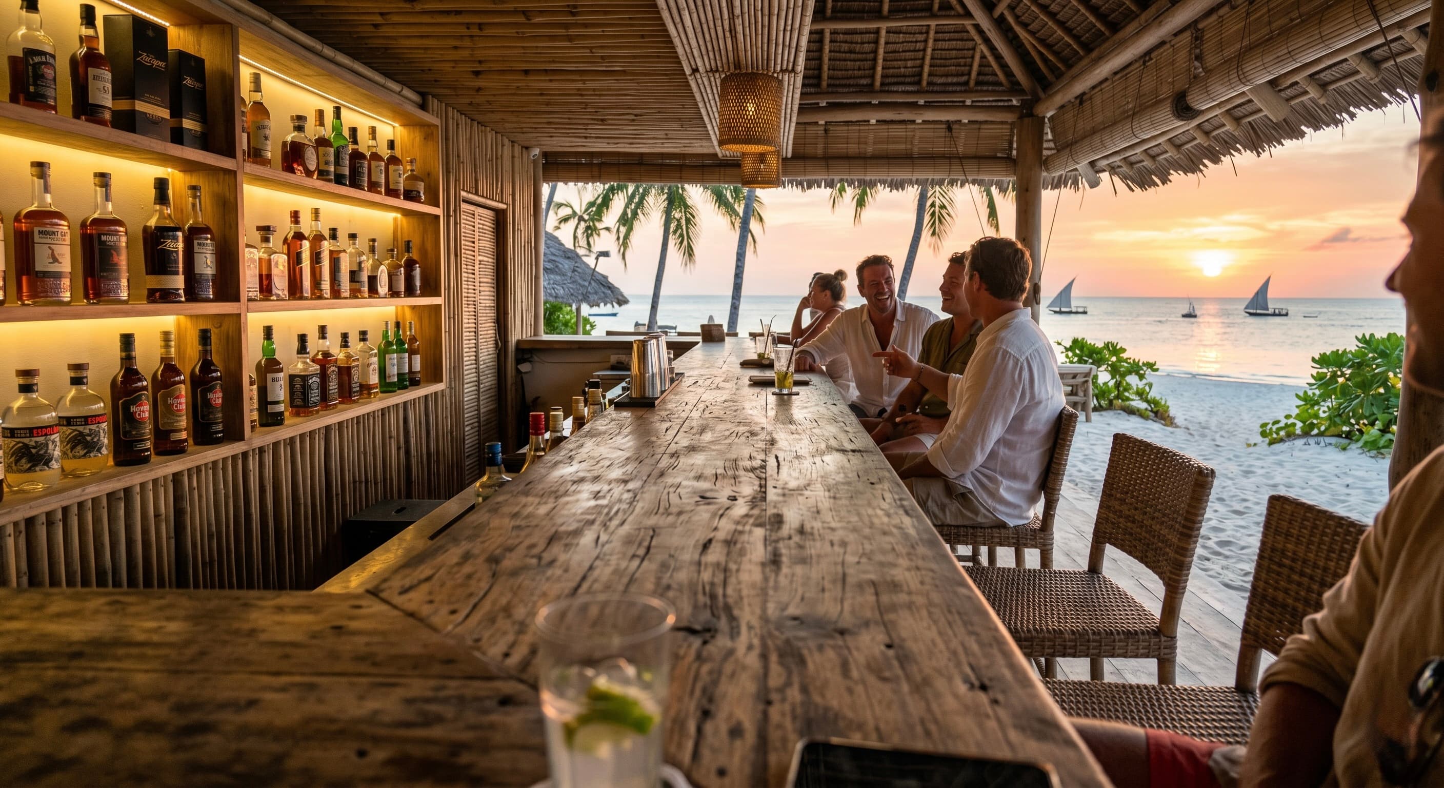 Island bar counter at golden hour. Weathered teak, backlit whiskey shelves, patrons on rattan stools, palm trees and the ocean at the far end.